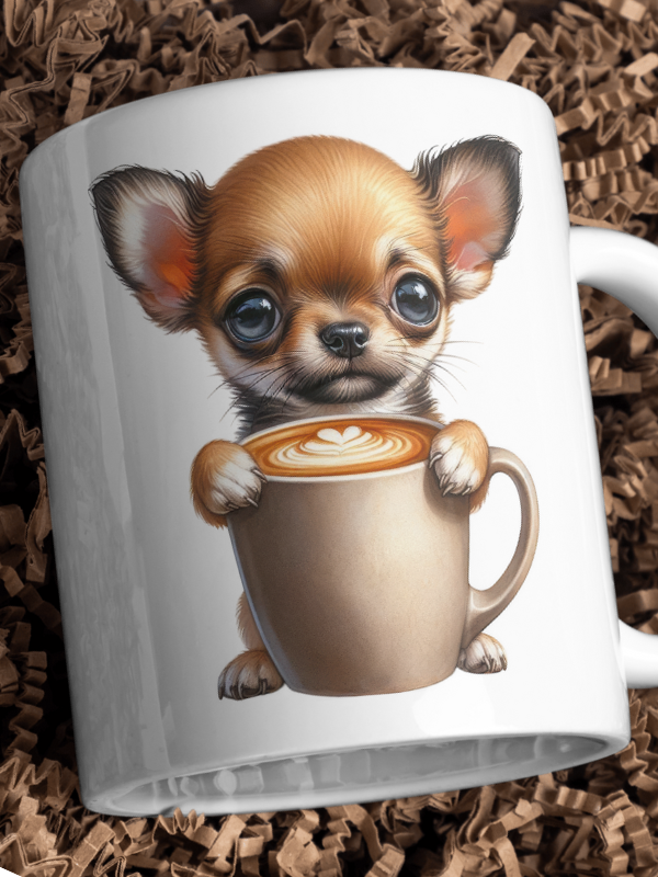 Kubek ZWIERZĘTA - Piesek Chihuahua z kubkiem kawy